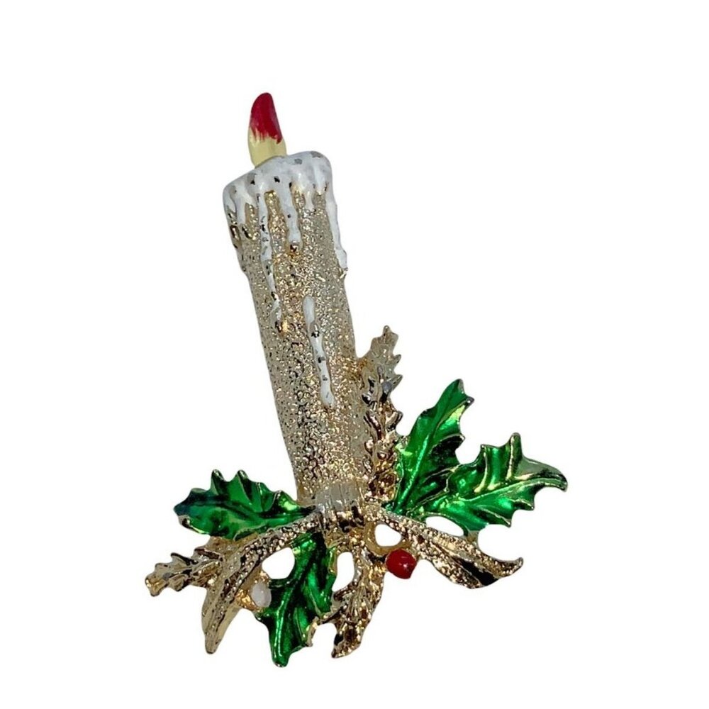 Gerry's Christmas Candle Pin Brooch Holly Leaves Vintage Holiday Jewelry